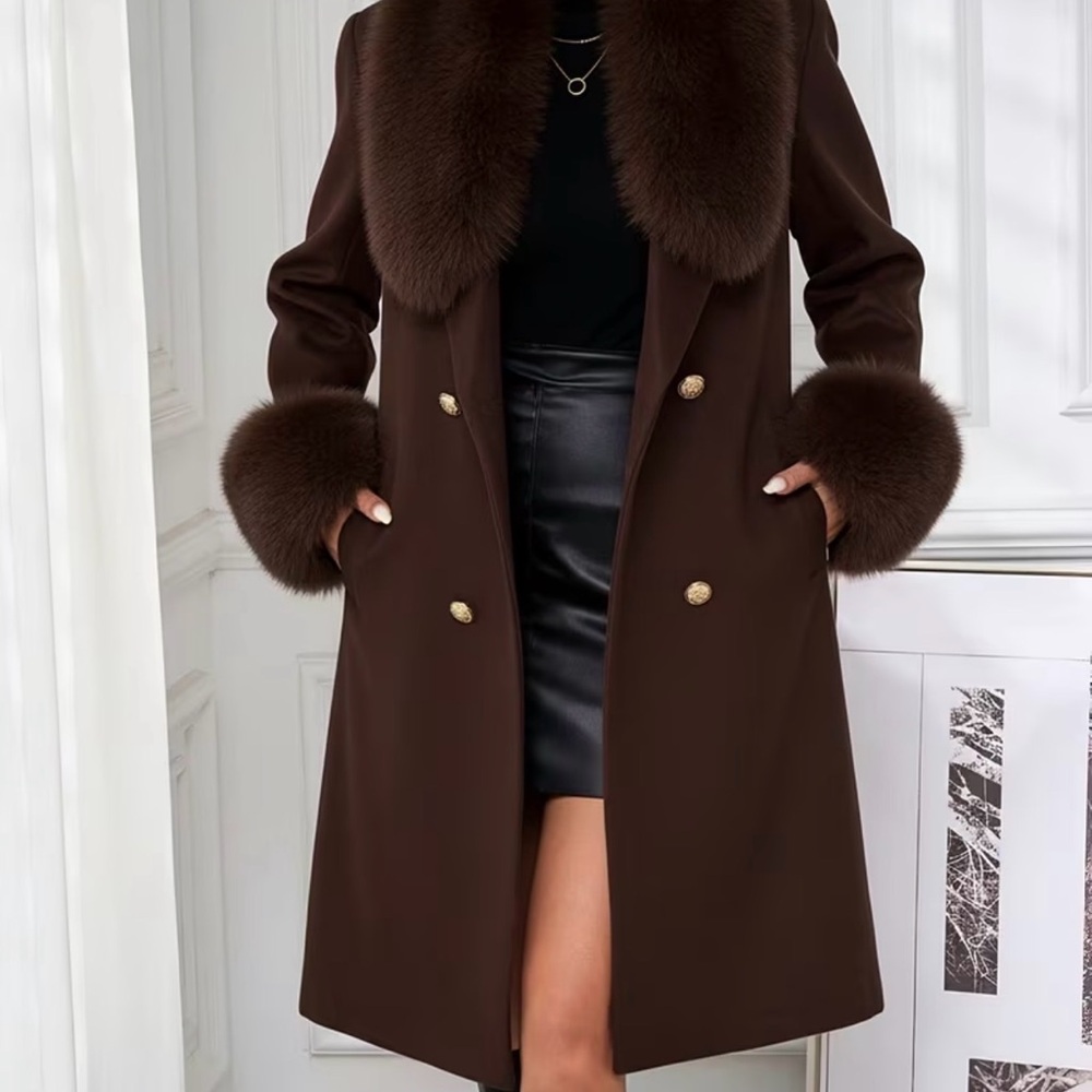 Source Unknown Dark Brown Fur-Trimmed Trench Coat - Picture 2 of 7